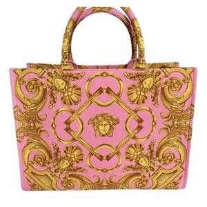 NEW VERSACE women's pastel signature print large canvas tote bag in pink